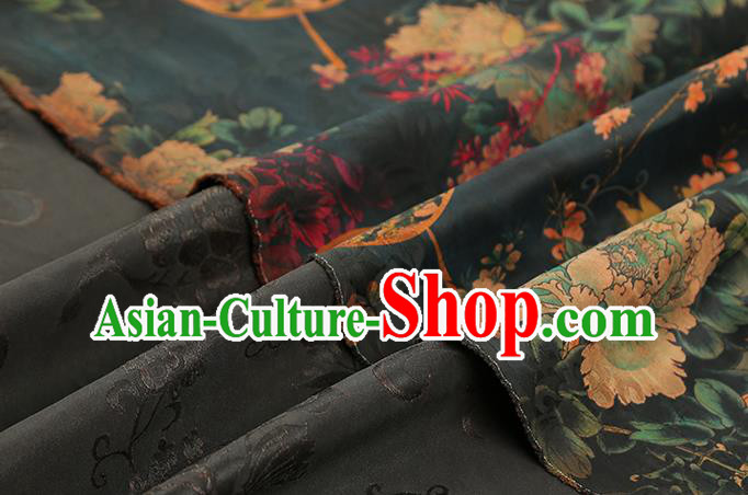 Chinese Atrovirens Gambiered Guangdong Gauze Traditional Cheongsam Silk Fabric Royal Peony Pattern Brocade Drapery