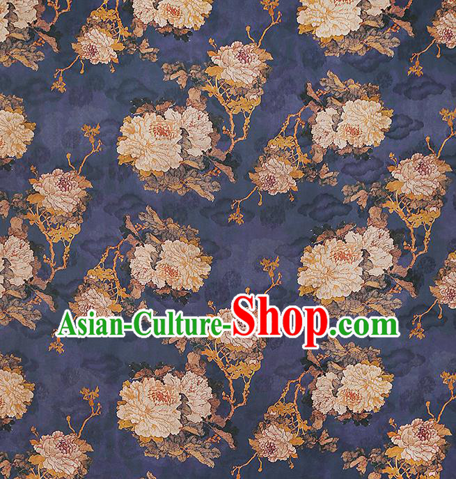 Chinese Royal Peony Pattern Brocade Drapery Traditional Cheongsam Silk Fabric Navy Gambiered Guangdong Gauze