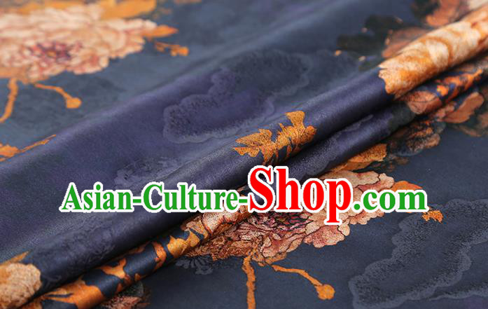 Chinese Royal Peony Pattern Brocade Drapery Traditional Cheongsam Silk Fabric Navy Gambiered Guangdong Gauze