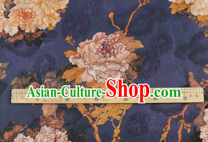Chinese Royal Peony Pattern Brocade Drapery Traditional Cheongsam Silk Fabric Navy Gambiered Guangdong Gauze