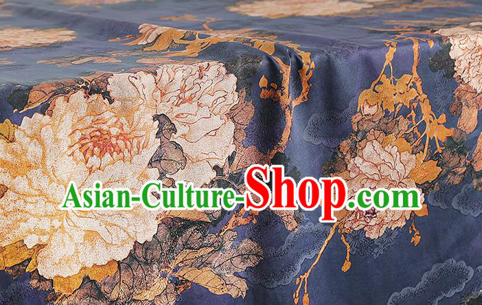 Chinese Royal Peony Pattern Brocade Drapery Traditional Cheongsam Silk Fabric Navy Gambiered Guangdong Gauze