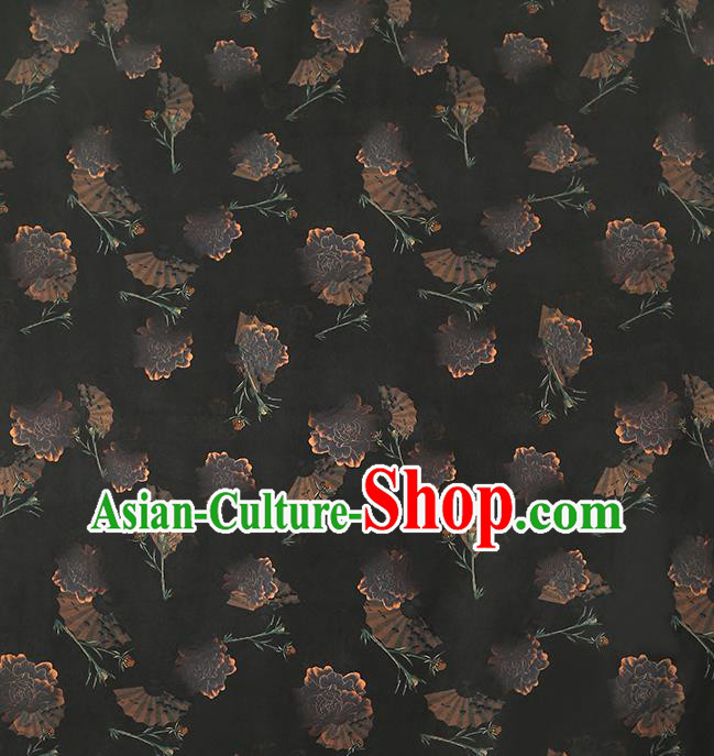 Chinese Traditional Cheongsam Silk Fabric Royal Peony Pattern Brocade Drapery Black Gambiered Guangdong Gauze