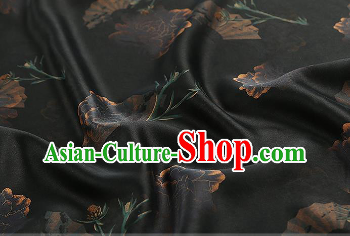 Chinese Traditional Cheongsam Silk Fabric Royal Peony Pattern Brocade Drapery Black Gambiered Guangdong Gauze