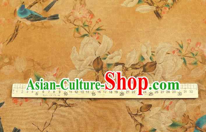 Chinese Orange Gambiered Guangdong Gauze Traditional Silk Fabric Royal Mangnolia Birds Pattern Cheongsam Drapery