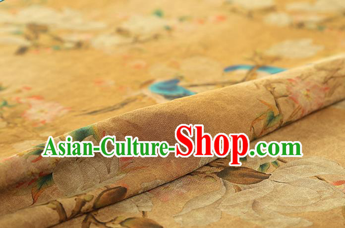 Chinese Orange Gambiered Guangdong Gauze Traditional Silk Fabric Royal Mangnolia Birds Pattern Cheongsam Drapery