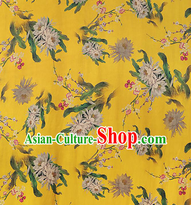 Chinese Yellow Gambiered Guangdong Gauze Traditional Silk Fabric Royal Epiphyllum Pattern Cheongsam Drapery