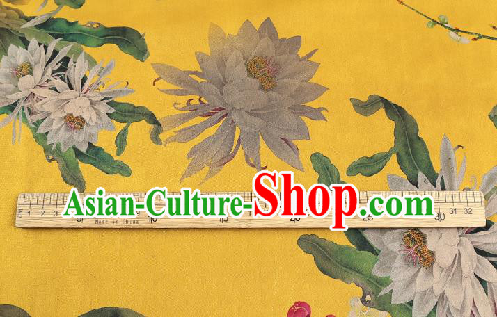 Chinese Yellow Gambiered Guangdong Gauze Traditional Silk Fabric Royal Epiphyllum Pattern Cheongsam Drapery