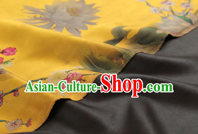 Chinese Yellow Gambiered Guangdong Gauze Traditional Silk Fabric Royal Epiphyllum Pattern Cheongsam Drapery