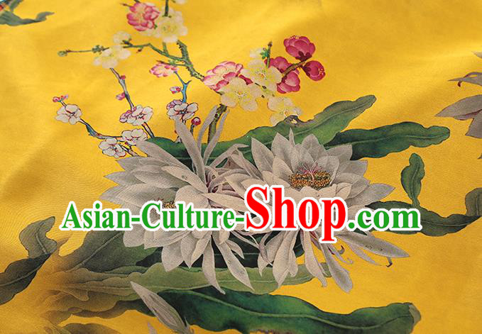 Chinese Yellow Gambiered Guangdong Gauze Traditional Silk Fabric Royal Epiphyllum Pattern Cheongsam Drapery