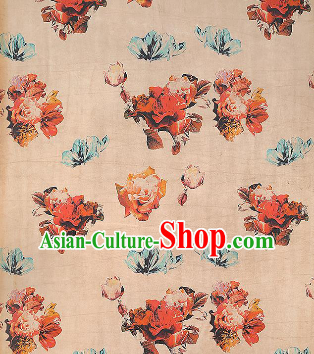 Chinese Gambiered Guangdong Gauze Royal Rose Pattern Cheongsam Cloth Drapery Traditional Ginger Silk Fabric