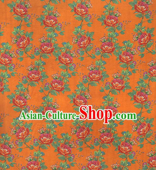 Chinese Traditional Orange Silk Fabric Gambiered Guangdong Gauze Royal Peony Pattern Cheongsam Drapery