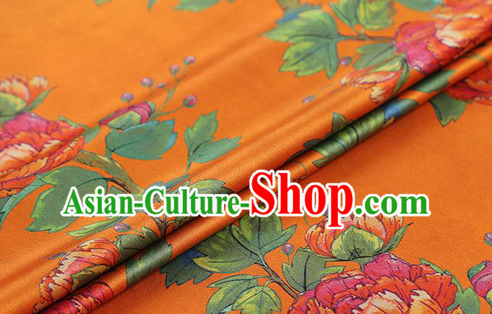 Chinese Traditional Orange Silk Fabric Gambiered Guangdong Gauze Royal Peony Pattern Cheongsam Drapery