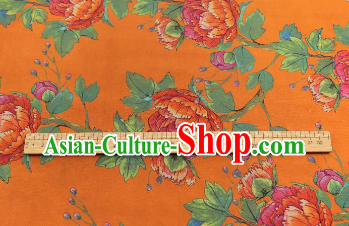 Chinese Traditional Orange Silk Fabric Gambiered Guangdong Gauze Royal Peony Pattern Cheongsam Drapery