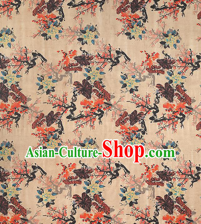 Chinese Traditional Ginger Silk Fabric Gambiered Guangdong Gauze Royal Plum Blossom Pattern Cheongsam Drapery