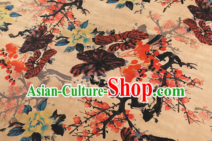 Chinese Traditional Ginger Silk Fabric Gambiered Guangdong Gauze Royal Plum Blossom Pattern Cheongsam Drapery