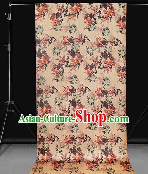 Chinese Traditional Ginger Silk Fabric Gambiered Guangdong Gauze Royal Plum Blossom Pattern Cheongsam Drapery