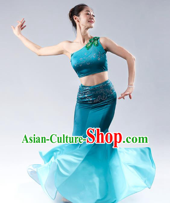 China Traditional Ethnic Peacock Dance Clothing Dai Nationality Stage Show Blue Mermaid Dress Outfits