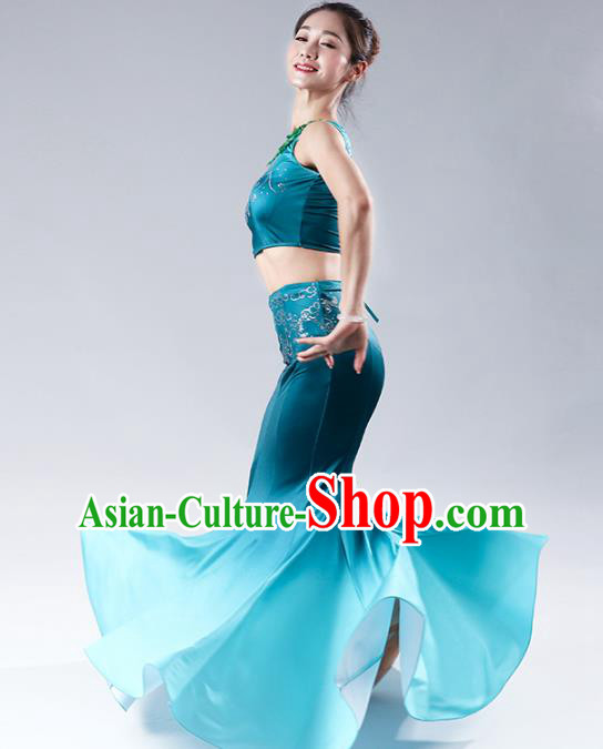 China Traditional Ethnic Peacock Dance Clothing Dai Nationality Stage Show Blue Mermaid Dress Outfits