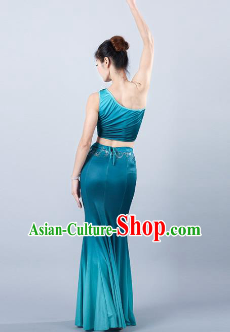 China Traditional Ethnic Peacock Dance Clothing Dai Nationality Stage Show Blue Mermaid Dress Outfits