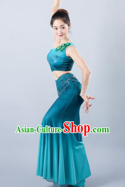 China Traditional Ethnic Peacock Dance Clothing Dai Nationality Stage Show Blue Mermaid Dress Outfits