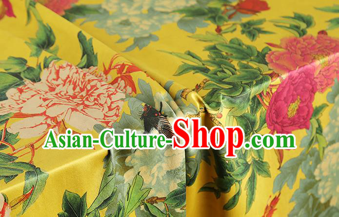 Chinese Gambiered Guangdong Gauze Brocade Cloth Drapery Traditional Cheongsam Royal Peony Pattern Yellow Silk Fabric