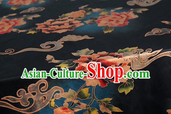 Chinese Traditional Gambiered Guangdong Gauze Cheongsam Silk Drapery Classical Peony Pattern Black Brocade Fabric