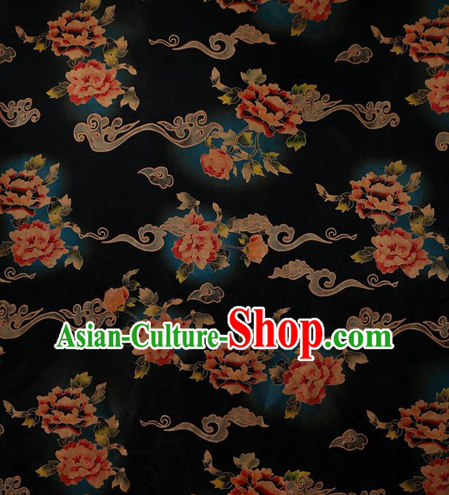 Chinese Traditional Gambiered Guangdong Gauze Cheongsam Silk Drapery Classical Peony Pattern Navy Brocade Fabric