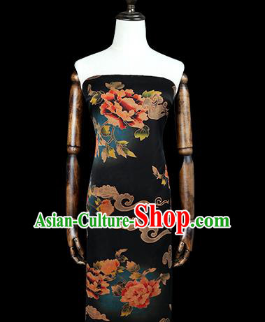 Chinese Traditional Gambiered Guangdong Gauze Cheongsam Silk Drapery Classical Peony Pattern Navy Brocade Fabric