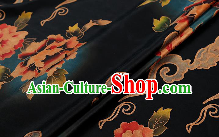 Chinese Traditional Gambiered Guangdong Gauze Cheongsam Silk Drapery Classical Peony Pattern Navy Brocade Fabric