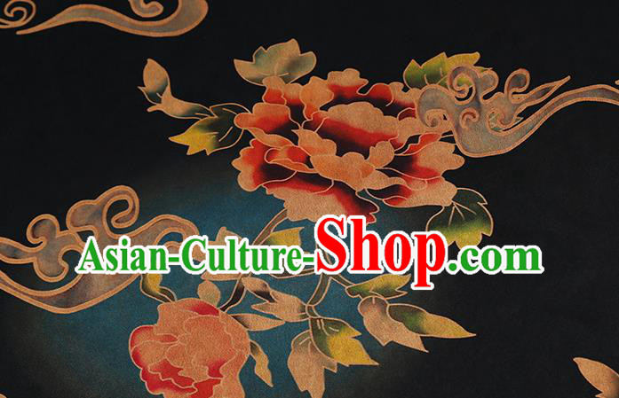 Chinese Traditional Gambiered Guangdong Gauze Cheongsam Silk Drapery Classical Peony Pattern Navy Brocade Fabric