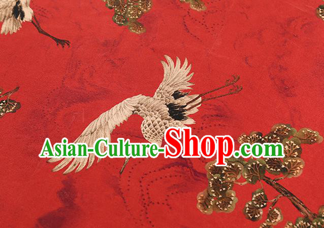 Chinese Cheongsam Silk Fabric Traditional Red Brocade Cloth Classical Pine Crane Pattern Gambiered Guangdong Gauze Drapery