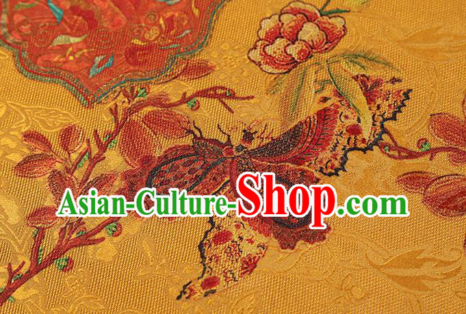 Chinese Traditional Gambiered Guangdong Gauze Classical Peony Pattern Golden Brocade Fabric Cheongsam Silk Drapery