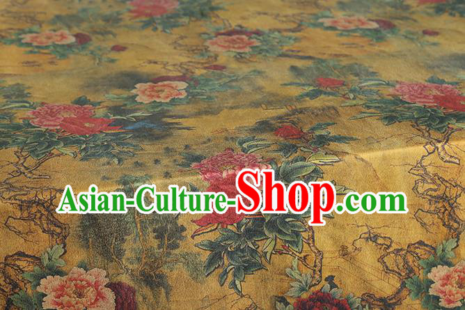 Chinese Classical Peony Pattern Yellow Brocade Fabric Cheongsam Silk Drapery Traditional Gambiered Guangdong Gauze Cloth
