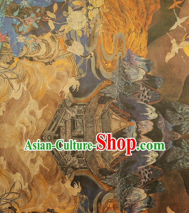 China Traditional Printing Cranes Brown Silk Fabric Classical Gambiered Guangdong Gauze Cheongsam Drapery