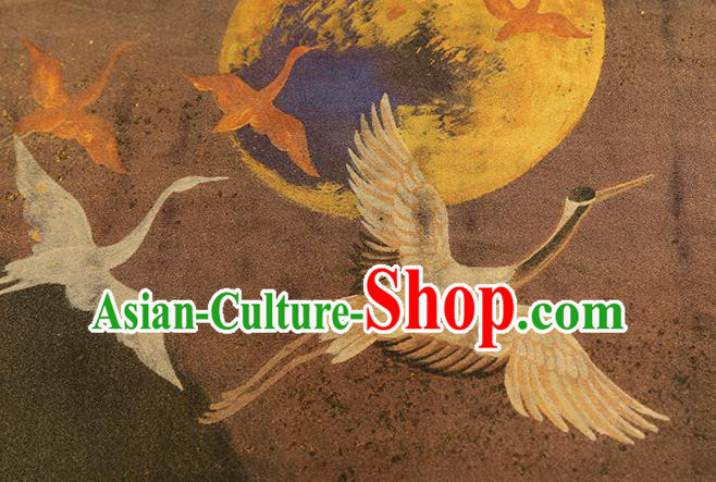China Traditional Printing Cranes Brown Silk Fabric Classical Gambiered Guangdong Gauze Cheongsam Drapery