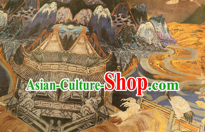 China Traditional Printing Cranes Brown Silk Fabric Classical Gambiered Guangdong Gauze Cheongsam Drapery