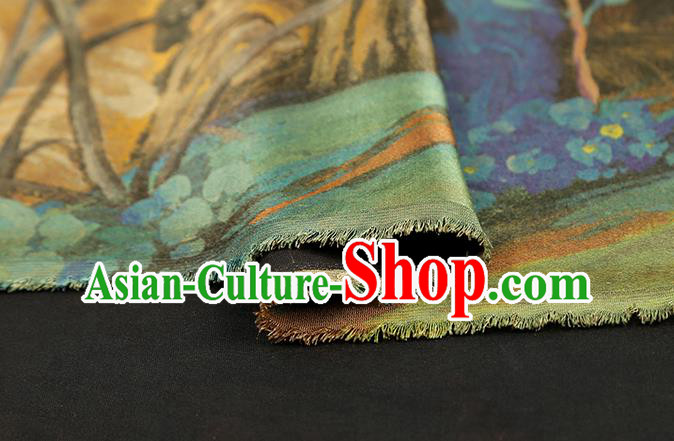 China Traditional Printing Cranes Brown Silk Fabric Classical Gambiered Guangdong Gauze Cheongsam Drapery