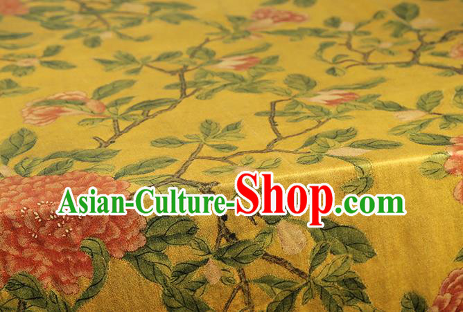 Chinese Classical Peony Pattern Brocade Fabric Traditional Gambiered Guangdong Gauze Cloth Cheongsam Yellow Silk Drapery