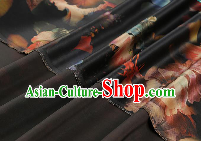 Chinese Traditional Black Brocade Drapery Cheongsam Gambiered Guangdong Gauze Classical Lotus Pattern Silk Fabric