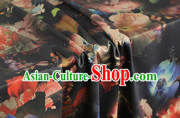 Chinese Traditional Black Brocade Drapery Cheongsam Gambiered Guangdong Gauze Classical Lotus Pattern Silk Fabric