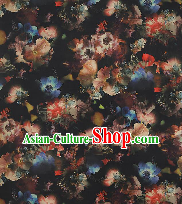 Chinese Traditional Black Brocade Drapery Cheongsam Gambiered Guangdong Gauze Classical Lotus Pattern Silk Fabric