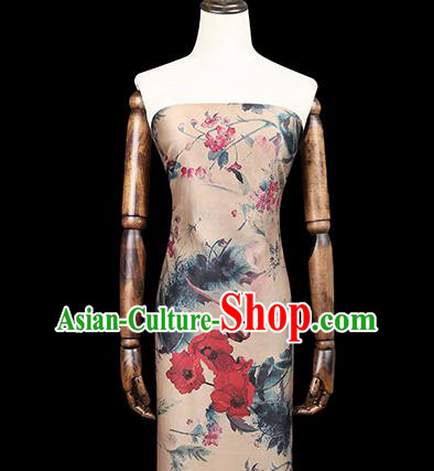 Chinese Classical Flowers Pattern Beige Brocade Cheongsam Gambiered Guangdong Gauze Fabric Traditional Silk Drapery