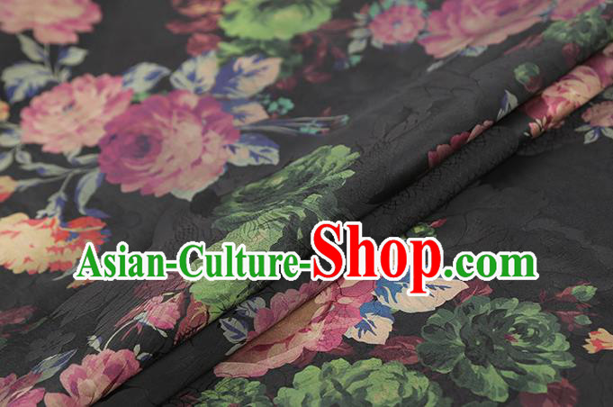 Chinese Classical Roses Pattern Brocade Cheongsam Black Gambiered Guangdong Gauze Fabric Traditional Silk Drapery