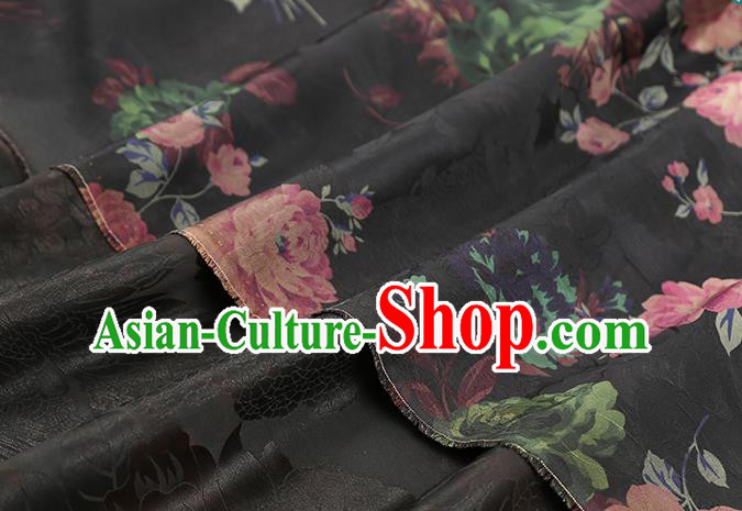 Chinese Classical Roses Pattern Brocade Cheongsam Black Gambiered Guangdong Gauze Fabric Traditional Silk Drapery