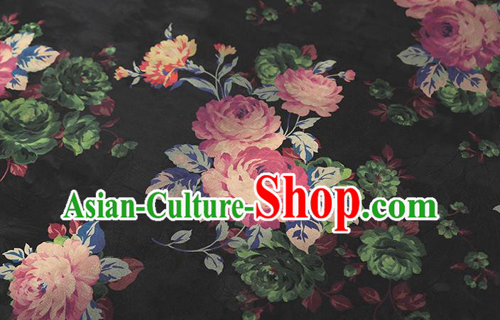 Chinese Classical Roses Pattern Brocade Cheongsam Black Gambiered Guangdong Gauze Fabric Traditional Silk Drapery