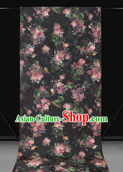 Chinese Classical Roses Pattern Brocade Cheongsam Black Gambiered Guangdong Gauze Fabric Traditional Silk Drapery