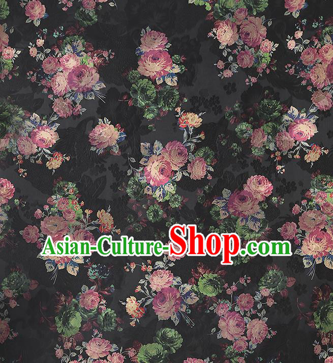 Chinese Classical Roses Pattern Brocade Cheongsam Black Gambiered Guangdong Gauze Fabric Traditional Silk Drapery