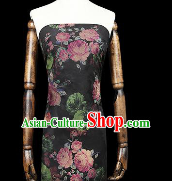 Chinese Classical Roses Pattern Brocade Cheongsam Black Gambiered Guangdong Gauze Fabric Traditional Silk Drapery