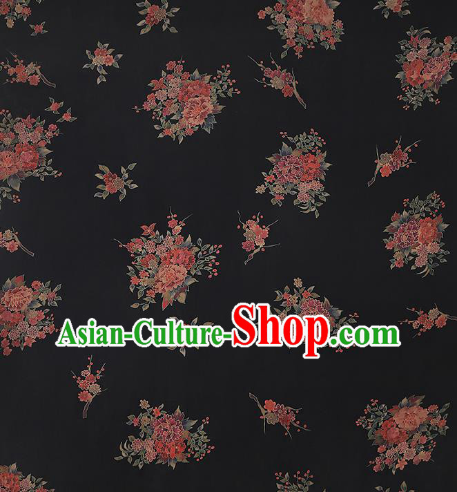 Chinese Classical Peony Pattern Gambiered Guangdong Gauze Brocade Fabric Traditional Cheongsam Black Silk Drapery