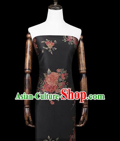 Chinese Classical Peony Pattern Gambiered Guangdong Gauze Brocade Fabric Traditional Cheongsam Black Silk Drapery